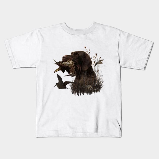 Woodcock Hunting with German Wirehaired Pointer Kids T-Shirt by German Wirehaired Pointer 